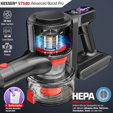 Бездротовий акумуляторний пилосос KESSER® з LED дисплеєм та аромакапсулою | Бездротовий пилосос без мішка з антизаплутаною насадкою, HEPA-фільтром, час роботи до 60 хвилин, для твердих поверхонь та килимів, чорний/червоний