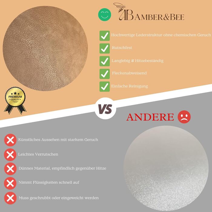 Набори підставки під тарілки Amber&Bee Lederoptik, 6 шт., миючіся, колір каштанове дерево