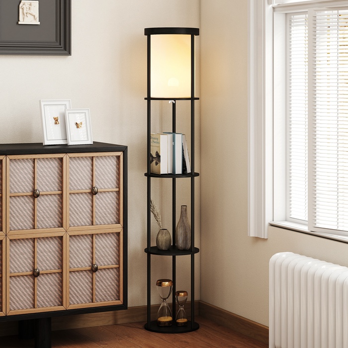 Стійка лампа HOMCOM з 3 полицями, кругла форма, пульт дистанційного керування, вимикач на підставці, регульована колірна температура світла, для вітальні, чорного кольору