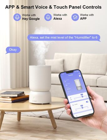 Зволожувач повітря CLEVAST Спальня, Тихий ультразвуковий зволожувач повітря з верхнім наповненням 3 л Cool Mist, Дитяча кімната з аромадифузором, контроль вологості, Wi-Fi Зволожувач повітря для Baby Classic