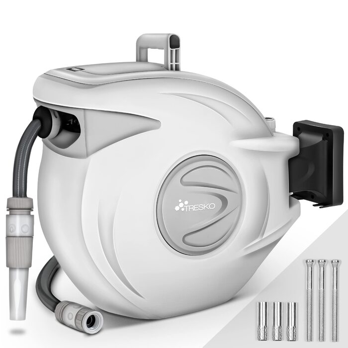 Трьохкамерний шланг TRESKO® з роликом для шланга, 30+2 м, з ручною лійкою, поворотний на 180°, для саду, автоматичний, з кріпленням для стіни та монтажним матеріалом