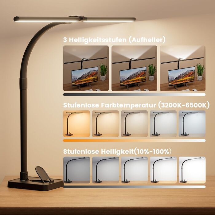 LED настільна лампа Doppelkopf з регулюванням яскравості, 24W, 80см, з кріпленням, денне світло, гнусий шийка, для офісу, захист очей, з підставкою для телефону, чорна