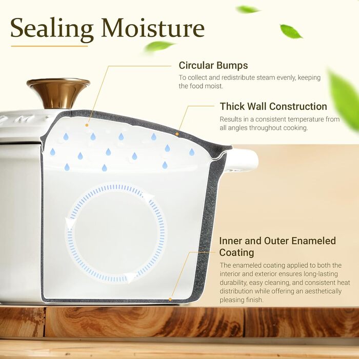 Чавунна каструля-гульяш Overmont з емалевим покриттям, 26 см, 5.2 л, перламутрово-біла, з кришкою та кулінарною книгою, підходить для духовки