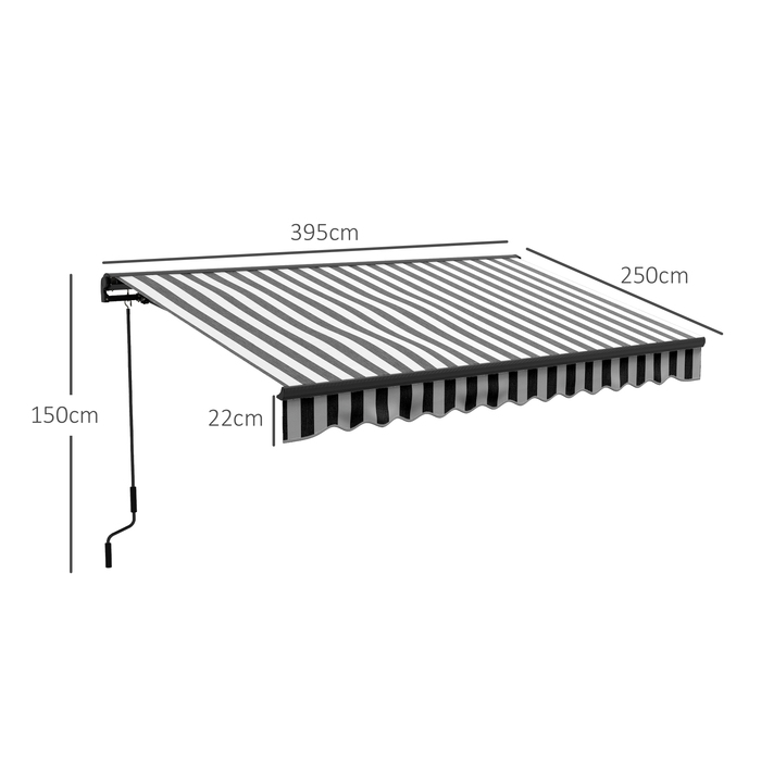 Електричний балконний тент Outsunny Folding Arm 395 x 250 см Захист від сонця із захистом від ультрафіолету, ручна рукоятка, регульована касетна маркіза з дистанційним керуванням, сірий+білий | Аосом