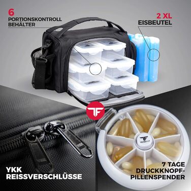 Ізольована ланчбокс з 6 контейнерами для приготування їжі – BPA-Free, багаторазові, підходять для мікрохвильової печі та морозильної камери – ланч-сумка з шейкером, органайзером для пігулок, плечовим ременем та охолоджувальними акумуляторами – термосумка 