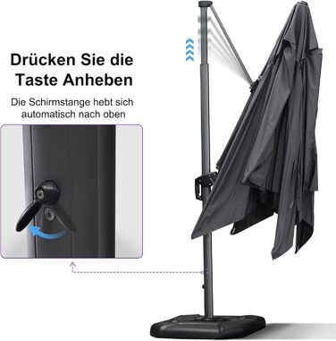 Парасолька від сонця PURPLE LEAF 350x350 см, велика садовий ампельний зонт з рукояткою, поворотом на 360° та хрестою основою для тераси та балкона, сіра