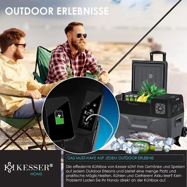 Електрична термохолодильник KESSER® Kompressor на 30 літрів (-20°C) з APP-керуванням, USB, 12/24/230V, телескопічною штангою, акумуляторами, колесами для авто, вантажівки, човна