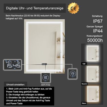 Дзеркало для ванної кімнати Puchika з підсвічуванням LED, 50x70 см, настінне, диммер, 3 кольори світла (3000-6400K), IP44, A+, сенсорне керування, антизапар