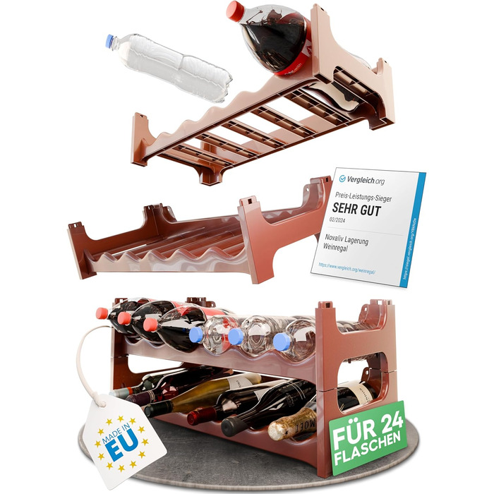 Стелаж для пляшок Novaliv на 24 пляшки, коричневий, розширюваний, стекуваний, органайзер для напоїв, для PET-пляшок, для вина, стелаж для напоїв