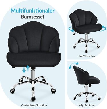 Крісло для дому та офісу Yaheetech, крісло для макіяжу, регульоване по висоті, поворотне, офісне крісло у формі мушлі з роликами, велюрове крісло, до 136 кг, білий (чорний)