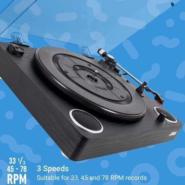 Вініловий програвач Bluetooth Jam Play, 3 швидкості, з конвертацією у MP3, чорний, з кришкою, AUX та виходом для навушників