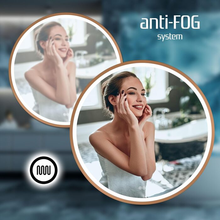 LED дзеркало для ванної кімнати Home Glow круглої форми 80 см з підсвічуванням, антизапарюванням, сенсорним вимикачем та металевим каркасом (червоне золото)