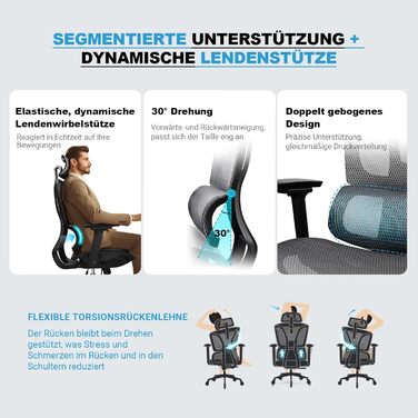 Ергономічне крісло для офісу та дому, 4D підлокітники, регулювання глибини сидіння, 4-рівневий нахил, гумові колеса, сітчасте сидіння, висока спинка, для великих людей, Homeoffice & Gaming (Сірий, сітчасте сидіння)