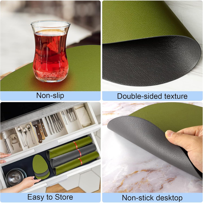 Набір з 6 підставників під тарілки, водонепроникні, з підставками, двосторонні, з імітацією шкіри, для обіднього столу, кухні, ресторану та дому (6 шт, зелений&сірий)