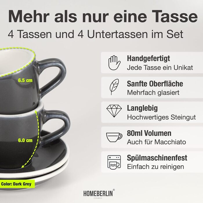 Набір еспресо-чашок Homeberlin Barista Pro - 4 шт. по 80 мл - Преміум якість, ручна робота, сірий глазурований стеглинний фарфор з підставками