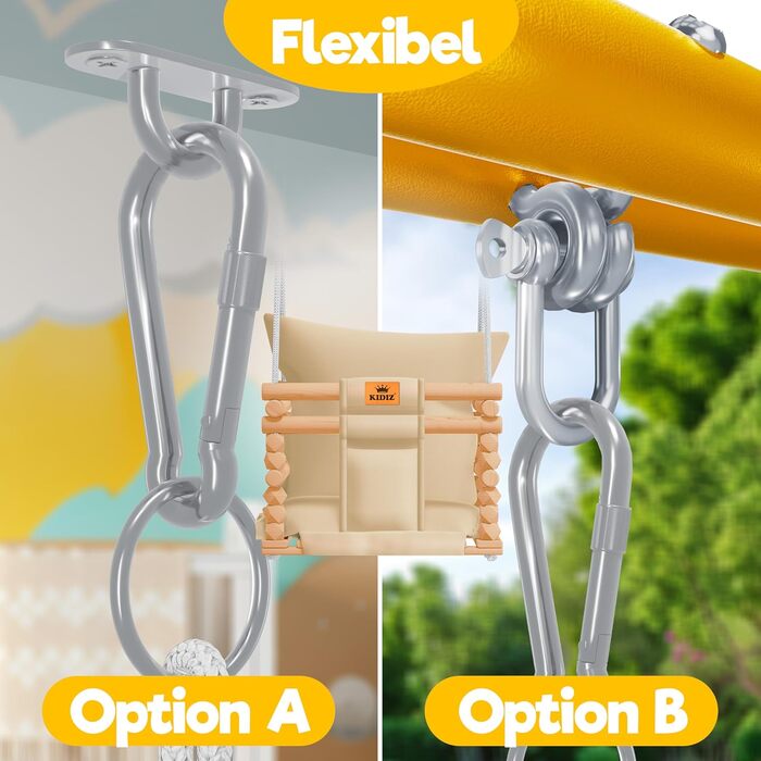 Дитячий гойдалка-колиска KIDIZ® для немовлят від 6 місяців та малюків до 3+ років (Бежевий) - дерев'яна, з регульованою висотою та м'якою подушкою, для дому та вулиці