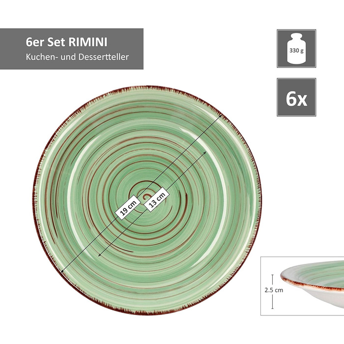 Набір тарілок MamboCat Rimini на 6 персон Кругла тарілка для торта Ø 19 см Маленька десертна тарілка Обідня тарілка з керамограніту преміум-класу Ручний розпис Різнокольорові