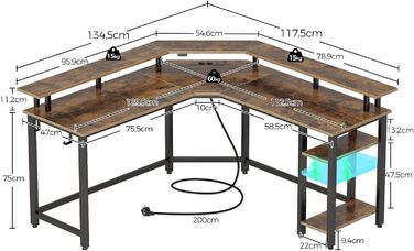 Комп'ютерний стіл Rolanstar L-подібний з RGB підсвічуванням та розетками, геймінговий стіл з полицею та 2 гачками, для офісу, робочого кабінету, спальні (117см) (Вінтажний коричневий, 137 x 77 x 87 см)
