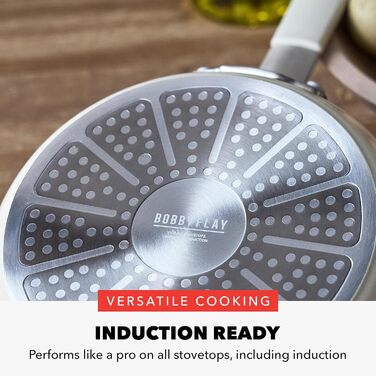 Набір кухонного посуду GreenPan x Bobby Flay 13 предметів: професійний алюміній, керамічне антипригарне покриття без PFAS та PFOA, індукційний, силіконовий ручка, сумісний з посудомийною машиною (4.5QT сковорода з кришкою, кремовий)