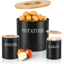 Набір контейнерів для зберігання картоплі, цибулі та часнику Lannvan | 3 шт. з бамбуковим кришками | З вентиляцією та захистом від світла (чорний)