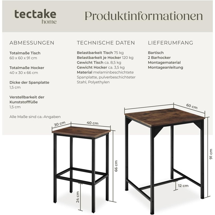Набір барних меблів tectake®: високий стіл та 2 барні стільці (Industrial Style), для кухні, вітальні, кав'ярні.