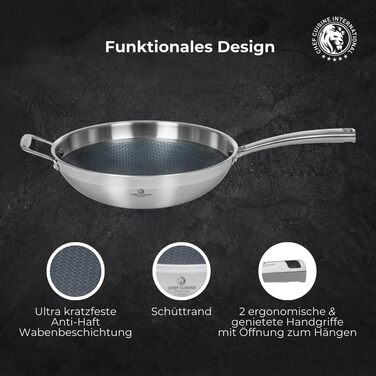 Wok Chef Cuisine 32 см з нержавіючої сталі з антипригарним покриттям Honeycomb – вок з міцною, стійкою до подряпин структурою, що нагадує стільники, та стійкістю до нагрівання до 260°C – без PFOA, з ергономічною ручкою