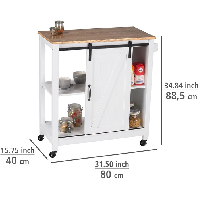 Кухонний візок Заміський будинок, Стійкий сервірувальний візок з колесами, 3 яруси, Розсувні двері, Дерево/МДФ, 80x88.5x40 см