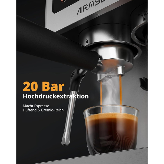 Еспресо-машина Siebträger з прозорою колбою, 20 Bar, автоматичний спінювач молока, для капучино та лате, Dual Boiler (1350W & 1000W), 15s екстракція, нержавіюча сталь, бак 1.8L, сенсорний дисплей, автоматичний спінювач молока (з млинком)