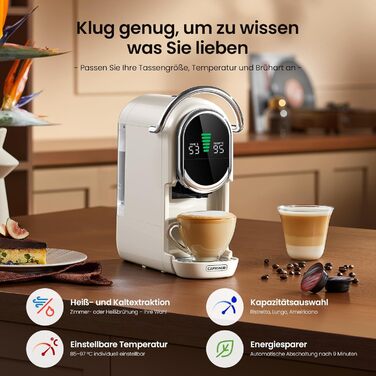 Кавомашина Magician1 Mini Kapselmaschine 5в1 для капсул Nespresso, Dolce Gusto, Lavazza A Modo Mio, ESE 44 та кавової гущі | 20 бар, 1450 Вт, LED-дисплей, 7 рівнів води | для дому та офісу (слонова кістка)