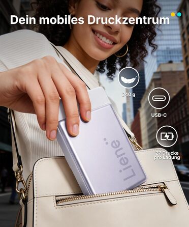 Портативний міні-фотопринтер Liene Pearl N200 Pro з підключенням Bluetooth, сублімаційна технологія, 300 dpi, для iPhone та Android, вбудований акумулятор, комплект з 50 фото (5x7,6 см) та 5 фарбовими стрічками (Lila)