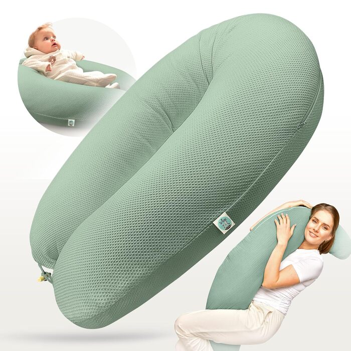 Подушка для вагітних та годування sei Design XXL 190x35 см, ергономічна подушка для сну з чохлом з органічної бавовни муслін (м'ятна)