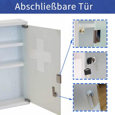 Металевий медичний шафчик Style Home з 3 відділеннями, з замком, 45x30x12 см, білий. Аптечка, шафка для ліків, аптечка першої допомоги з скляними дверцятами та замком