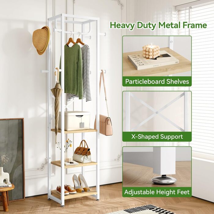 Підставка для одягу IBUYKE, вільного стояння, з 3 полицями та 8 гачками, індустріальний дизайн, для передпокою, коридору, спальні, 180 x 40 x 30 см, колір: натуральний та білий