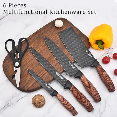 Набір кухонних ножів, 6 шт., чорний, гострий, з антипригарним покриттям, нержавіюча сталь, з підставкою для ножів (чорний)