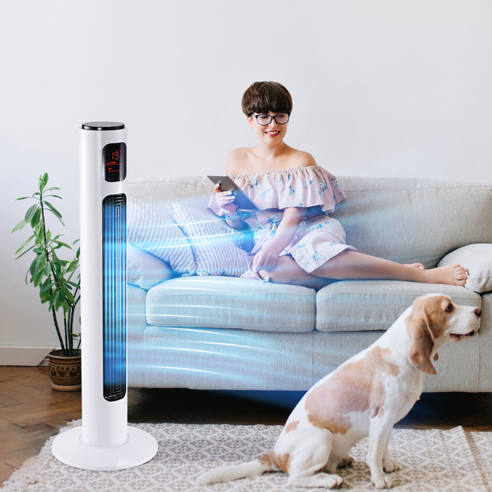 Настільний вентилятор з дистанційним керуванням, кут обертання 70°, висота 96 см, потужність 45 Вт, 3 режими, таймер, колір: білий + чорний