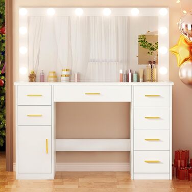 Великий туалетний столик ANWBROAD з регульованою LED-підсвіткою 3 кольорів та розеткою. Сучасний туалетний столик з дзеркалом, 7 ящиків, білий, 140x110x40 см. Модель BDT83W