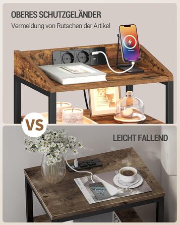 Приліжкова тумбочка Hzuaneri з LED-підсвіткою та функцією зарядки, 3 висувні ящики з тканини, USB-порти та розетки, для спальні/вітальні, чорний/коричневий, NS36301BEU, 1 шт.