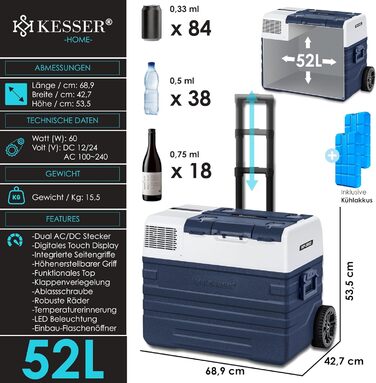 Автомобільний компресорний холодильник KESSER® 42л з Wi-Fi, 12/24/230V, до -20°C, з колесами та телескопічною ручкою для кемпінгу, фургону, вантажівки, човна + 2 акумулятори холоду (синій)
