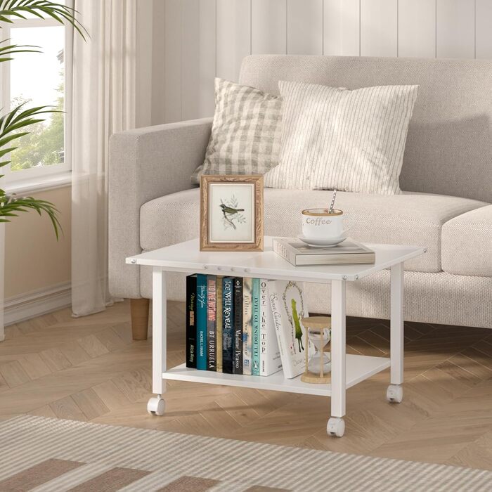 Стіл для принтера LELELINKY з колесами, мобільний двоярусний стійка для принтера, білий, 52.5 x 40 x 36 см