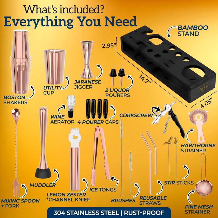 Набір бармена Elite Mixology: Шейкер Boston 20 предметів з підставкою, з нержавіючої сталі. Комплект для приготування коктейлів, барменський аксесуар, рецепти в подарунок