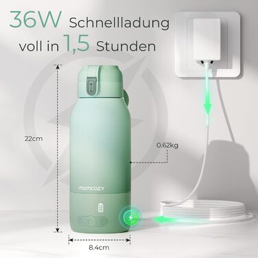 Momcozy MW05 портативний підігрівач для пляшечок, 500 мл, акумулятор 24 години, 2 режими нагріву для дитячого харчування та води, швидкий нагрів за 3 хв, зелений