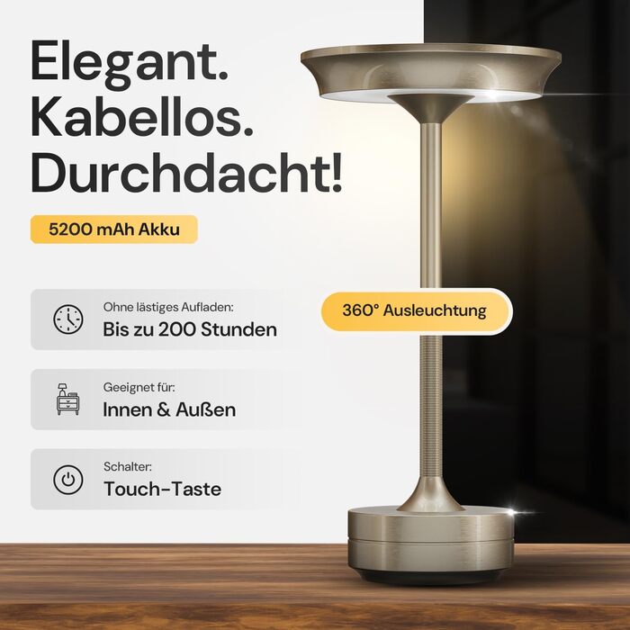 LED настільна лампа Designgold бездротова з акумулятором - стильний дизайн, 3 кольори світла, регулювання яскравості, для дому та на вулицю, срібна