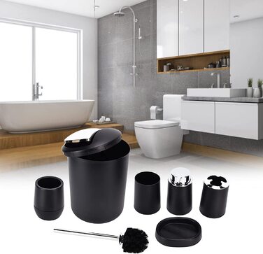 Набір аксесуарів для ванної кімнати з 6 предметів, набір щіток для унітазу у ванній, дозатор мила, відро для сміття, тримач для зубної щітки, підставка для мила, Подарункова чашка для полоскання рота (чорний)