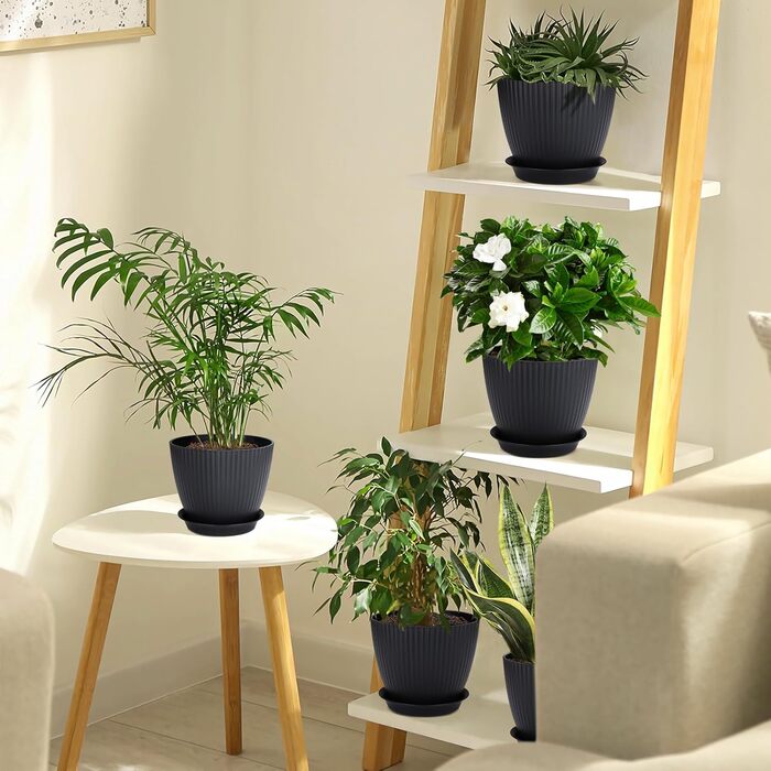 Набір горщиків для квітів з пластику, 8 шт. з отворами, круглі підставки, горщики для кактусів та трав, набір для офісу, балкону, саду, сукулентів, чорний