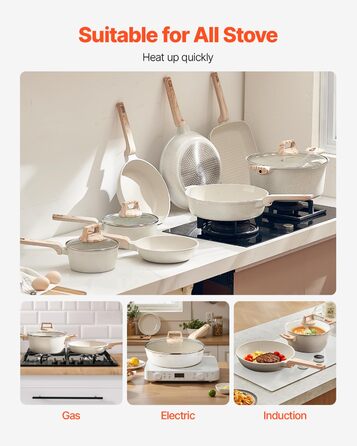 Набір каструль та сковорідок VEVOR з нержавіючої сталі (19 предметів) з кришками з термостійкого скла, антипригарне покриття, для кухні та кемпінгу, підходить для приготування соусів, тушкування та варіння (білий)