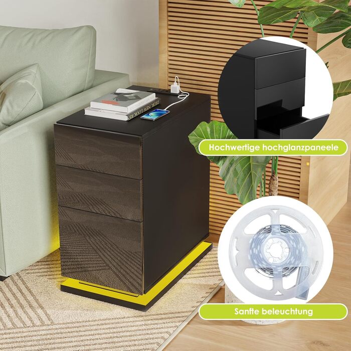 Вузька чорна тумба приліжкова з розеткою, USB, LED-підсвіткою 16 кольорів, 3 шухлядами, 50x30x63 см для спальні, сучасна