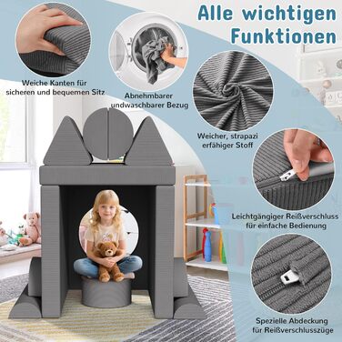 Модульна дитяча кушетка-конструктор MAMIZO Spielsofa Cord, 15 елементів, сірий колір. Кушетка для ігор та відпочинку, екологічна тканина Oeko-Tex, для дитячої кімнати.