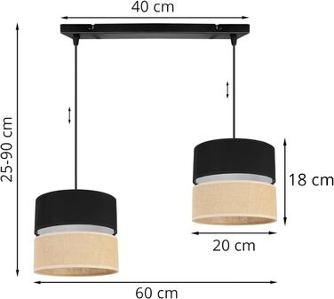 Підвісний світильник Juta для дому - Стельовий світильник - Металевий підвісний світильник з тканинним абажуром - E27 - Класичний 3-світловий 20 см - Чорний п'єдестал - (Джут чорний, чорна основа - 2-полум'я)