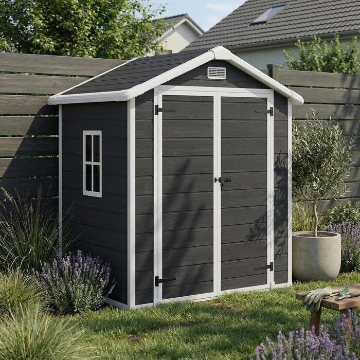 Сарай садовий STEELSØN Novara 192x92x151 см - пластиковий, з вікном, під дерево, темно-сірий, дах двосхилий