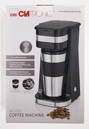 Кавоварка Clatronic з кухлем Coffee To Go 400 мл Підходить для всіх поширених підстаканників (наприклад, автомобільних) Кавоварка з фільтром з кухлем з нержавіючої сталі та кришкою для аромату Кавоварка мала KA 3733 Classic